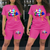 lovely Casual Lip Print Rose Red Plus Size Two-pie