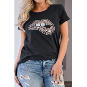 Lovely Casual O Neck Lip Print Black Plus Size T-s