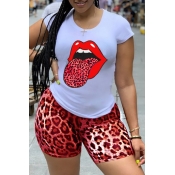 LW Leisure Lip Print Red Two-piece Shorts Set