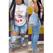 LW Stylish Hollow-out Baby Blue Jeans