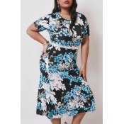 lovely Casual Floral Print Blue Mid Calf Plus Size