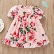 lovely Stylish Floral Print Pink Girl Knee Length 
