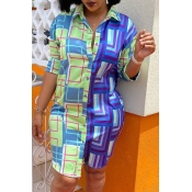 Lovely Trendy Print Blue Knee Length Dress