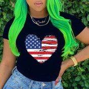 lovely Leisure O Neck Print Black T-shirt