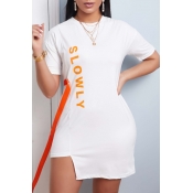 Lovely Leisure Letter Asymmetrical White Mini Dres