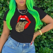 lovely Leisure O Neck Lip Print Black T-shirt