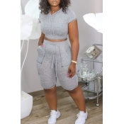 Lovely Sportswear Pocket Patched Grey Two-piece Sh