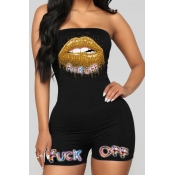 lovely Trendy Dew Shoulder Lip Print Black One-pie