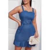 Lovely Stylish Flounce Design Blue Mini Denim Dres