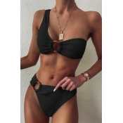 lovely One Shoulder Cut-Out Black Two-piece Swimsu