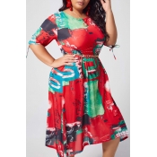 lovely Bohemian Print Yellow Red Calf Plus Size Dr