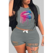 lovely Casual Lip Print Grey Plus Size Two-piece S