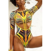 lovely Print Yellow One-piece Swimsuit