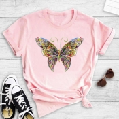 lovely Casual O Neck Butterfly Print Pink T-shirt