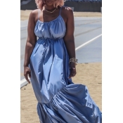 lovely Bohemian Loose Fold Design Blue Maxi Dress