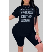 Lovely Casual Letter Print Black Plus Size Two-pie