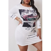 Lovely Leisure Print White Knee Length Plus Size D