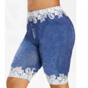 lovely Casual Patchwork Blue Plus Size Shorts