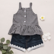 lovely Sweet Grid Print Black Girl Two-piece Short