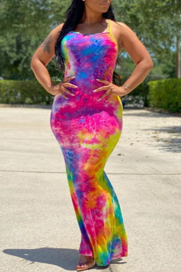 

lovely Casual Spaghetti Strap Tie-dye Print Red Maxi Dress