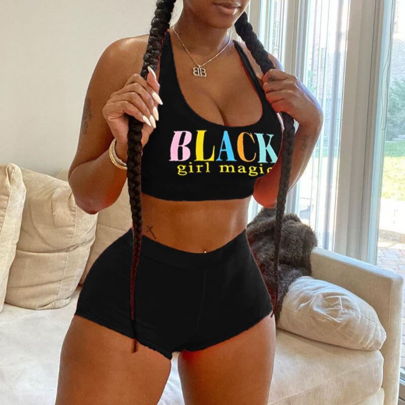 

Lovely Sexy U Neck Letter Print Black Two-piece Shorts Set