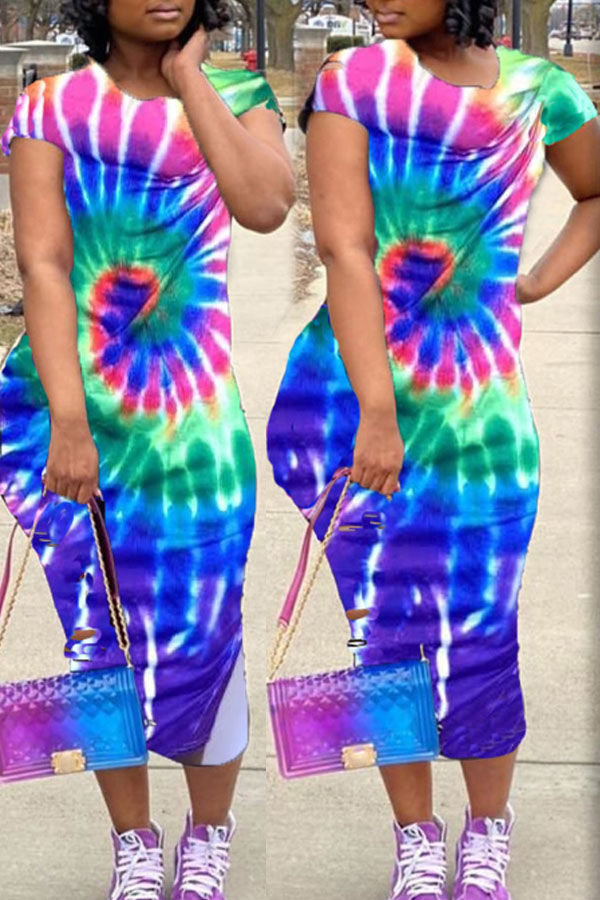 

lovely Casual O Neck Print Blue Mid Calf Plus Dress