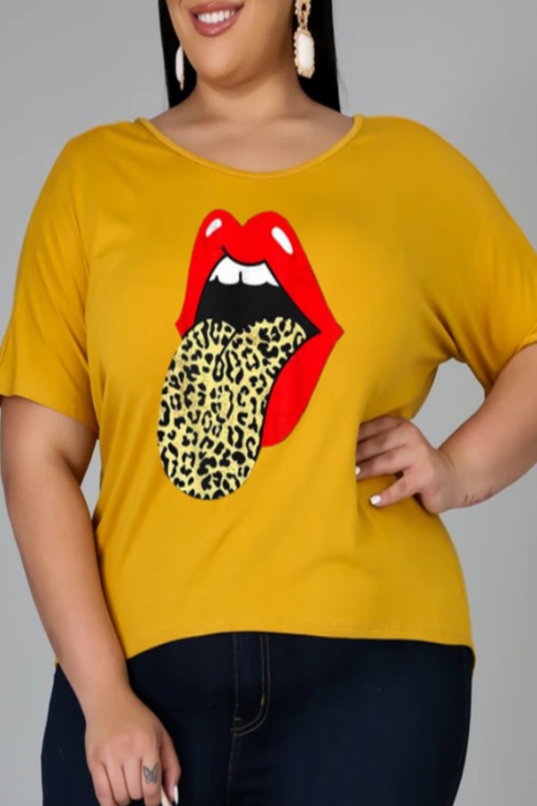 

lovely Leisure O Neck Lip Print Yellow Plus Size T-shirt