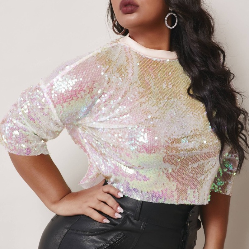 

lovely Leisure O Neck Sequined Multicolor Plus Size Blouse, Multi