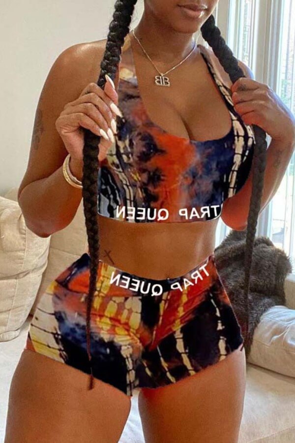 

Lovely Casual U Neck Tie-dye Black Two-piece Shorts Set