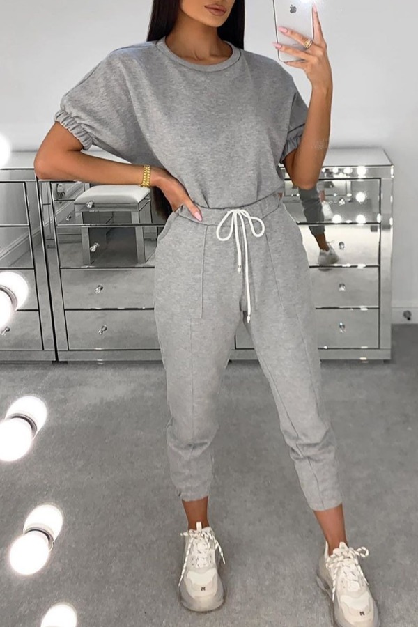 

lovely Casual Sportswear O Neck Grey Two-piece Pants Set