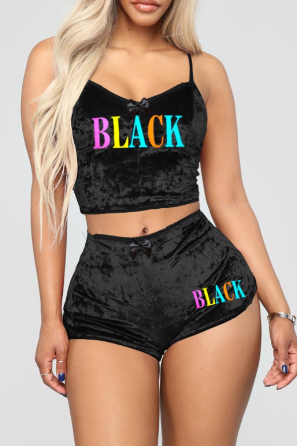 

lovely Casual Spaghetti Strap Letter Print Black Two-piece Shorts Set, Multi