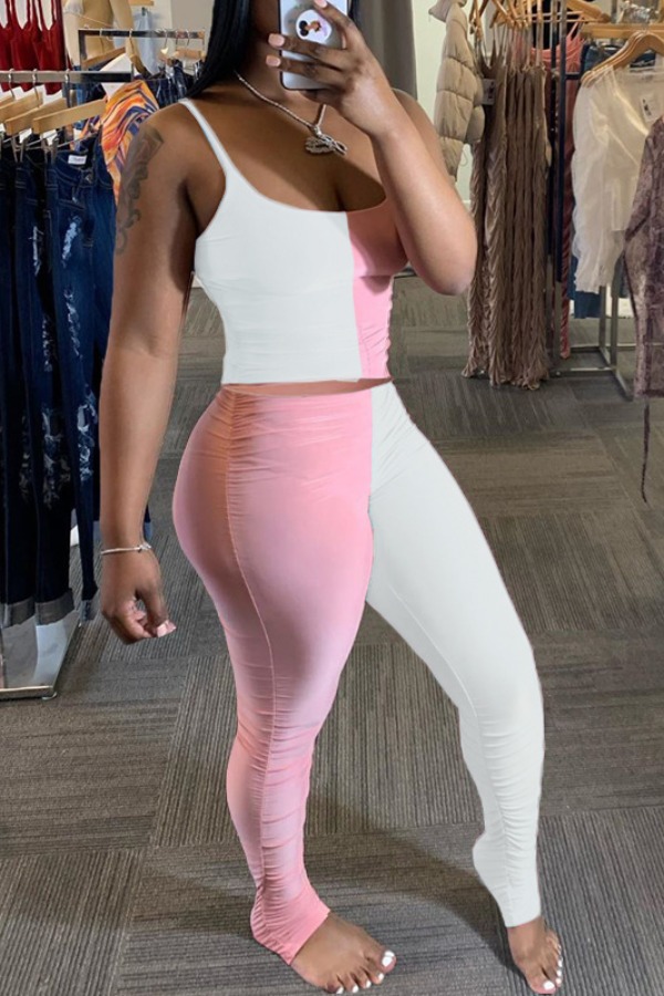 

lovely Casual U Neck Patchwork White Plus Size Two-piece Pants Set
