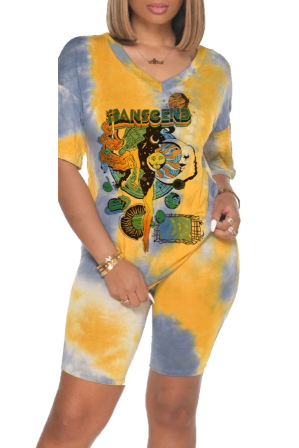 

lovely Casual V Neck Print Yellow Two-piece Shorts Set
