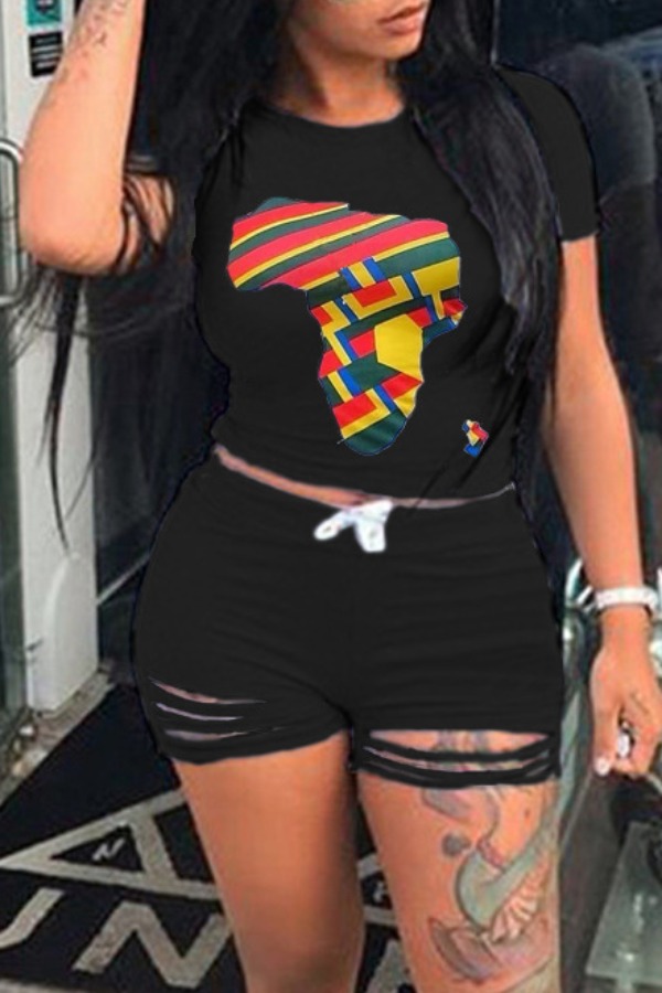 

lovely Leisure O Neck Print Black Plus Size Two-piece Shorts Set