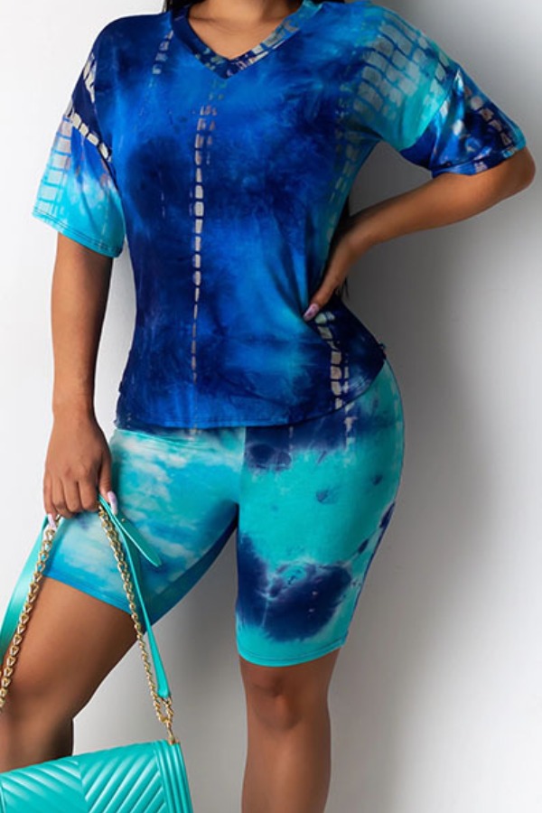 

lovely Polyester Casual Print Regular sleeve Tie-dye Regular Short Sleeve O Neck Yes(Elastic) Full Print Plus Size Twopiece Shorts Set, Blue