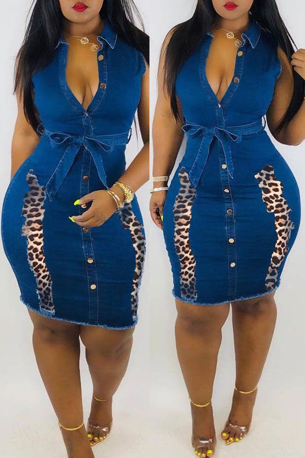 

lovely Casual Turndown Collar Broken Holes Blue Knee Length Denim Dress