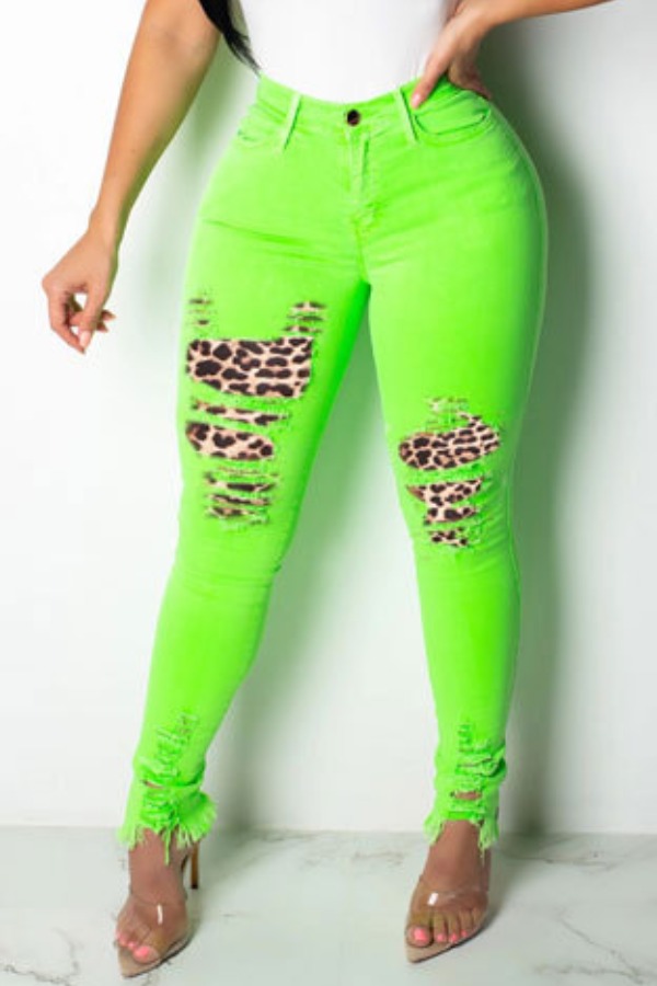 

lovely Casual Broken Holes Patchwork Onion Green Jeans