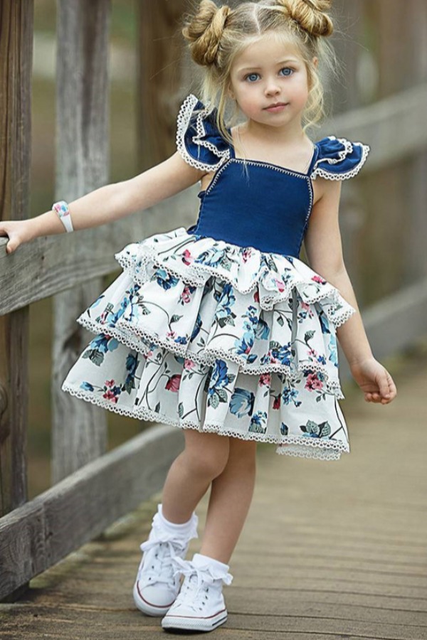 

lovely Sweet Patchwork Deep Blue Girl Knee Length Dress