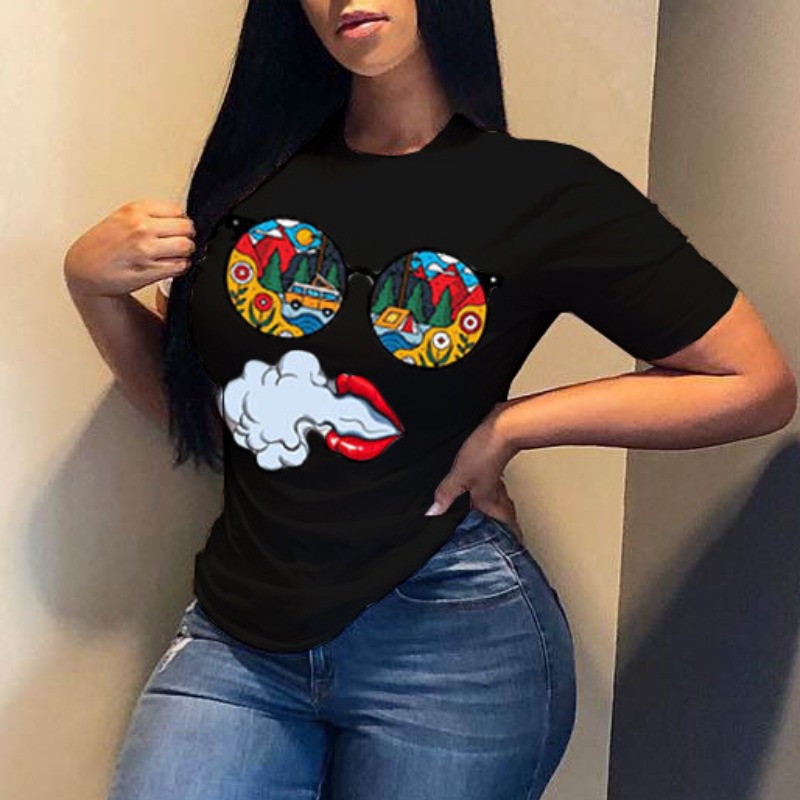 

lovely Casual O Neck Print Black Plus Size T-shirt