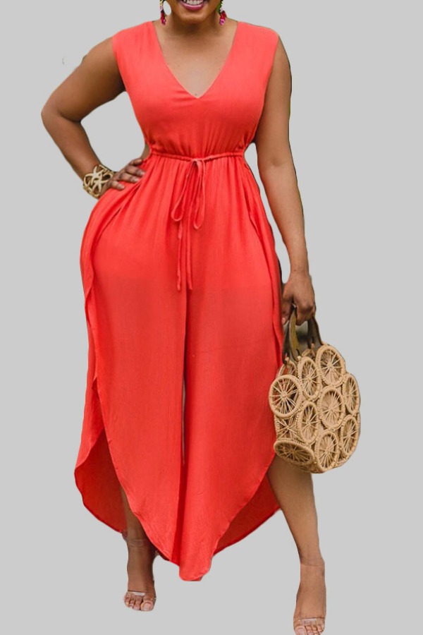 

lovely Casual Lace-upl Loose Orange Plus Size One-piece Jumpsuit