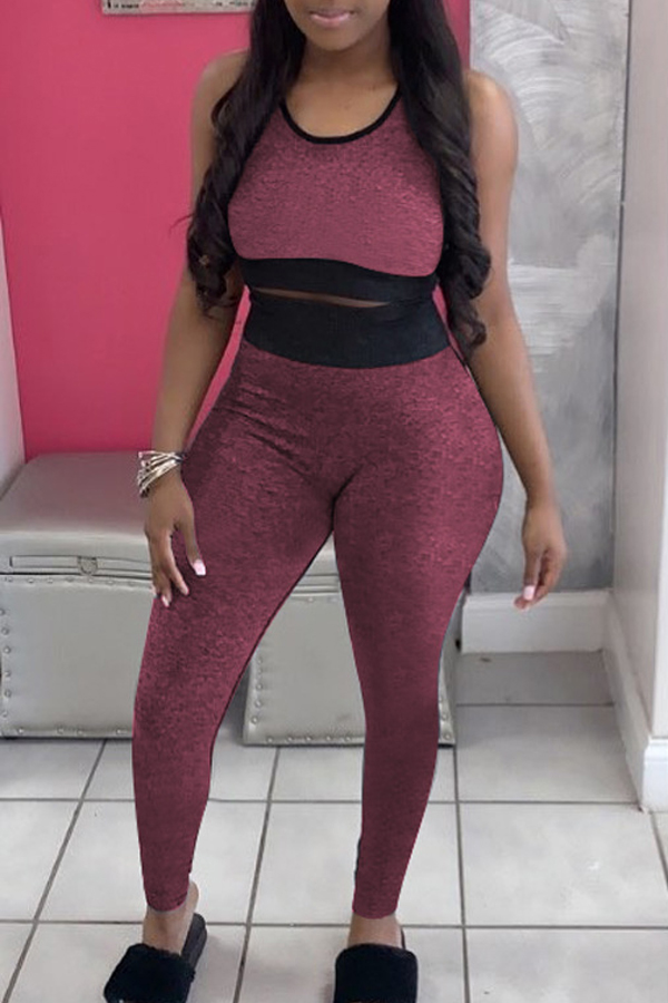 

lovely Casual O Neck Patchwork Purplish Red Two-piece Pants Set