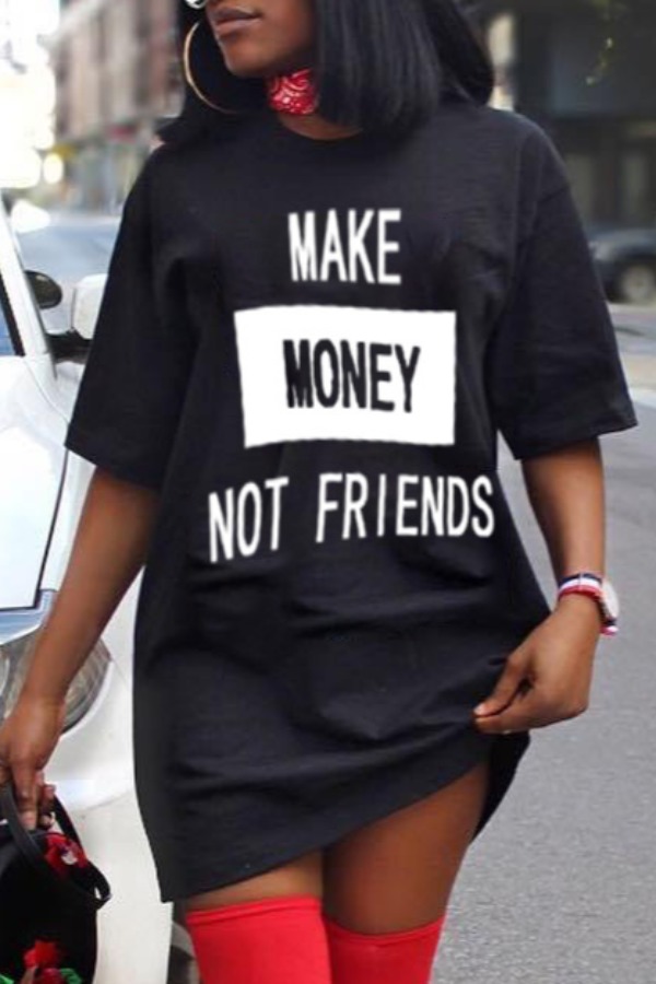 

lovely Casual O Neck Letter Print Black Mini T-shirt Dress