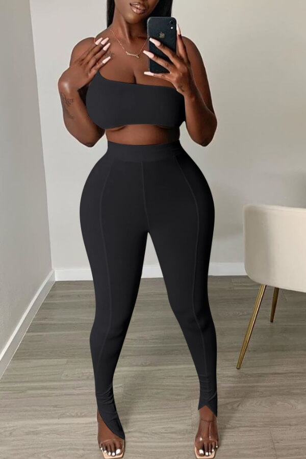 Lovely Sexy One Shoulder Black Two-piece Pants Set