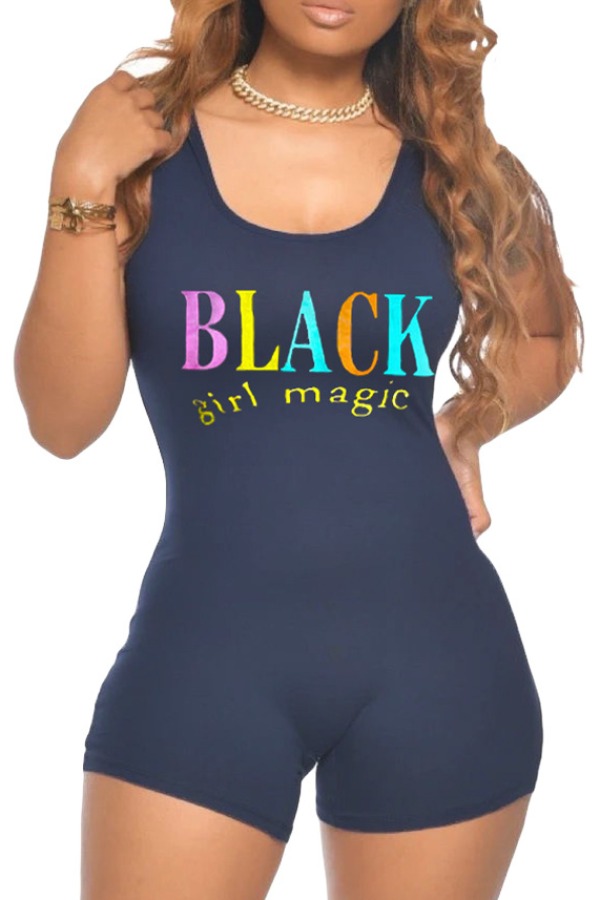 

lovely Casual O Neck Letter Print Black One-piece Romper