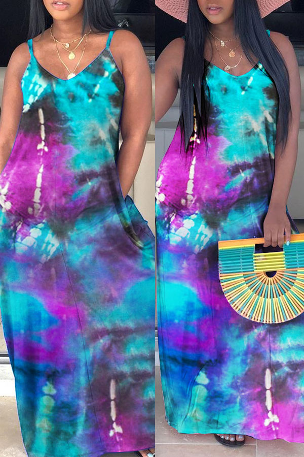 

lovely Casual Spaghetti Strap Tie-dye Blue Maxi Dress