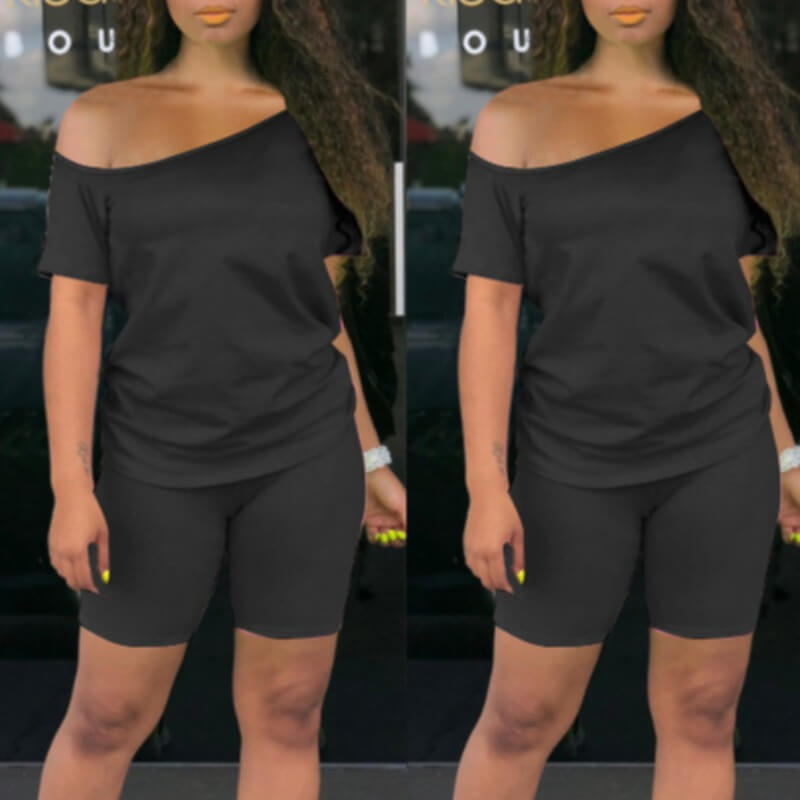 

Lovely Casual Off The Shoulder Black Two-piece Shorts Set