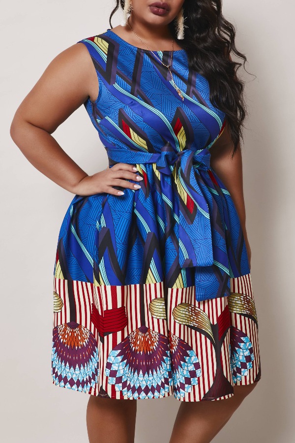 

lovely Bohemian Print Deep Blue Knee Length Plus Size Dress