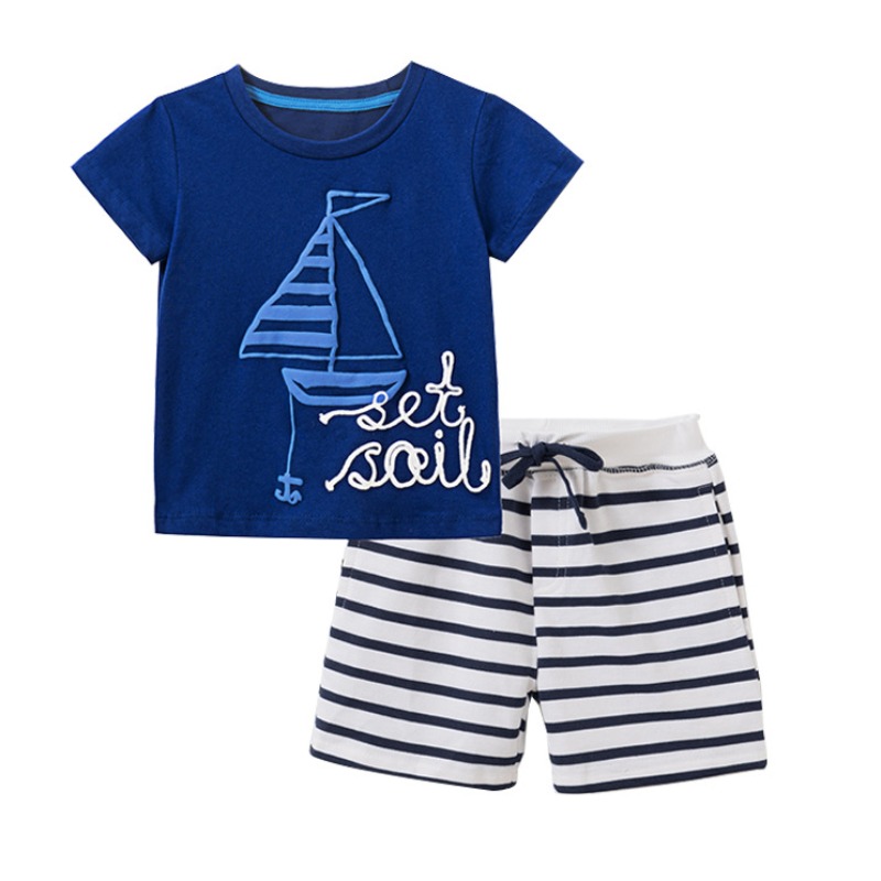 

lovely Leisure O Neck Striped Print Blue Boy Two-piece Shorts Set