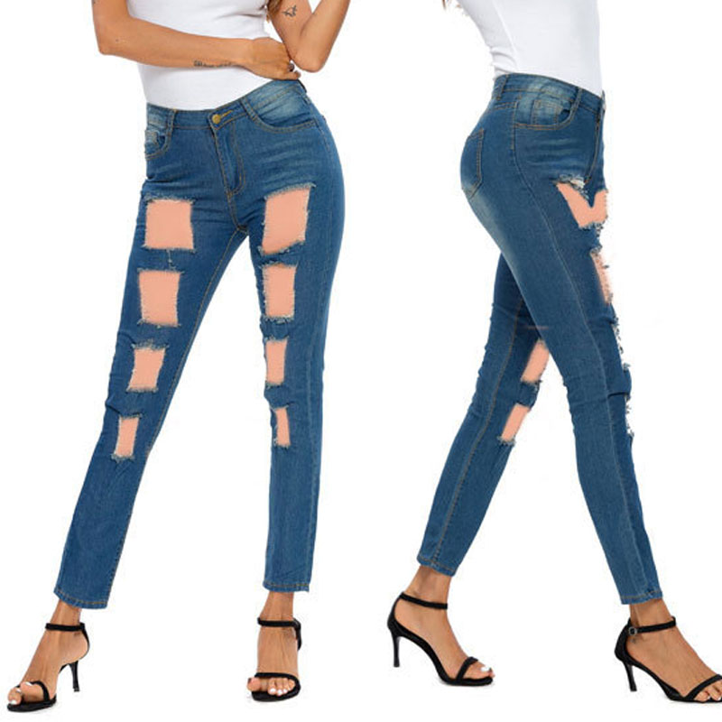 

lovely Trendy High-waisted Broken Holes Blue Jeans