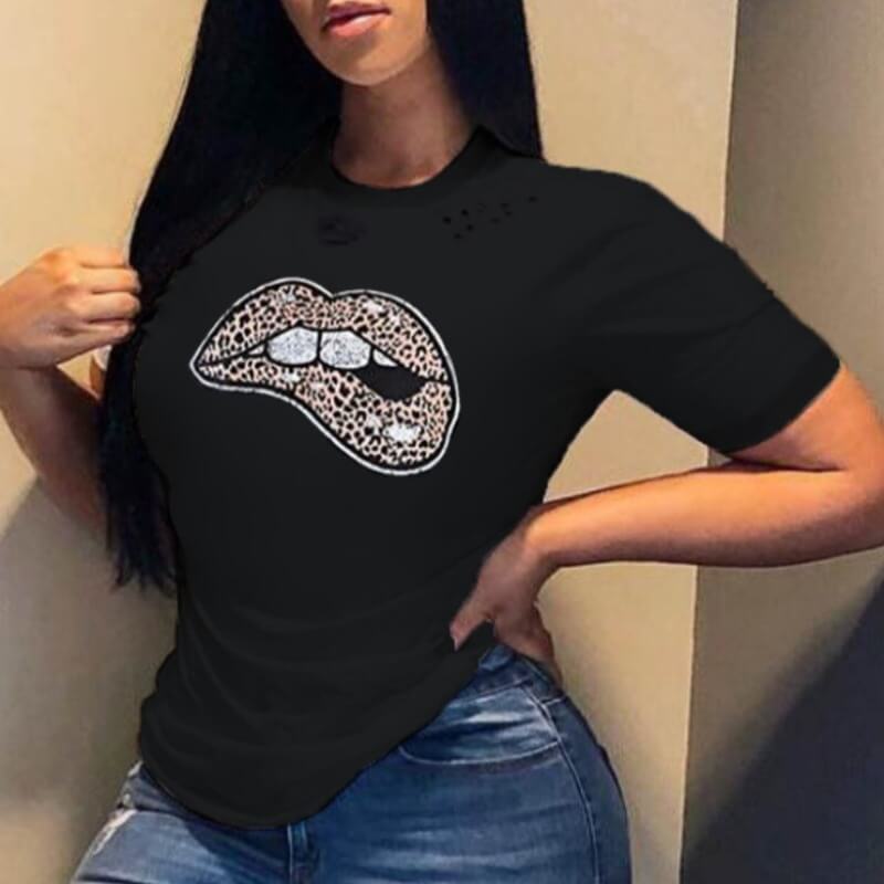 

Lovely Casual O Neck Lip Print Black T-shirt